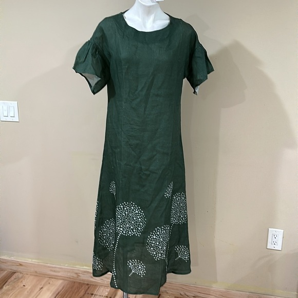 Green Flutter Sleeve Maxi Dress with Crew Neck100l%Linen - Picture 2 of 4
